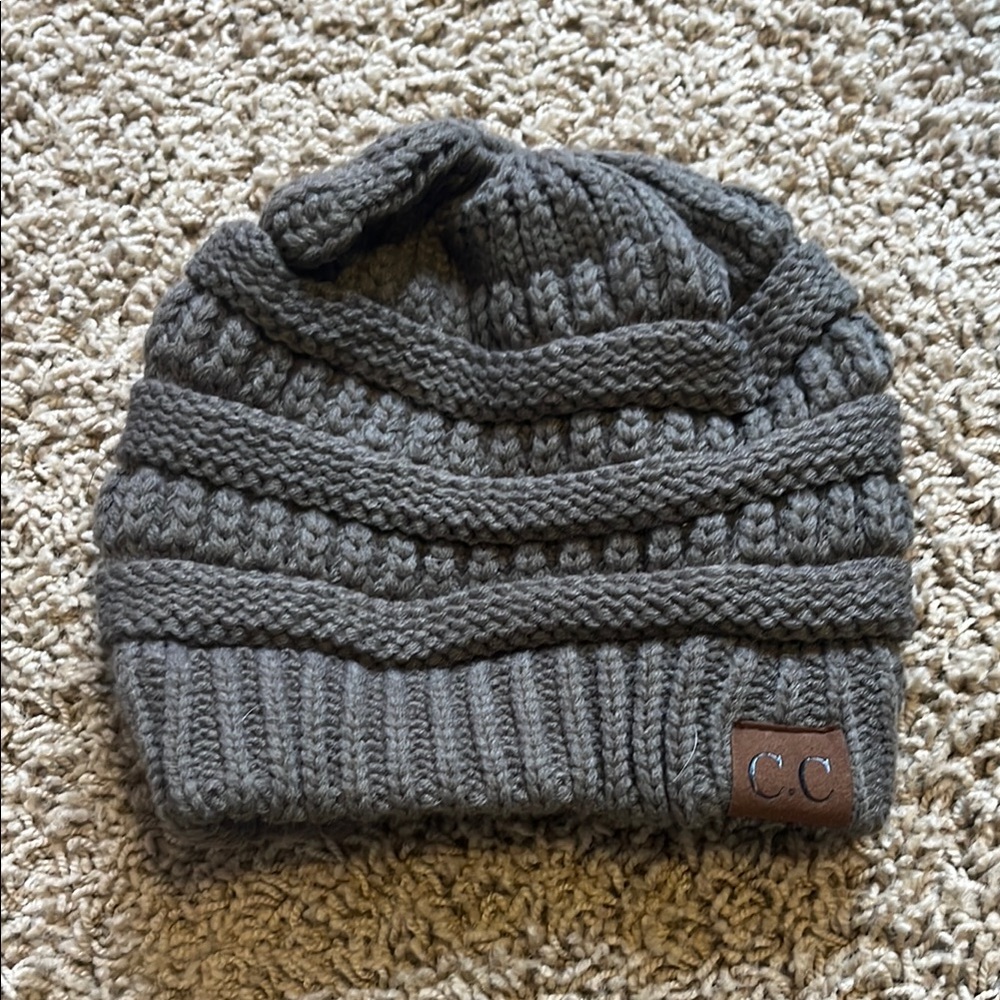 C.C Gray Knit Beanie Hat with Textured Patterns